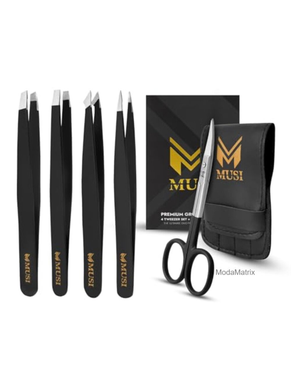 MUSI 5 PC Stainless Steel Tweezers Set with Eyebrow Scissors